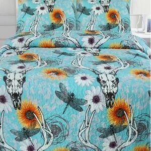 NEW! Southwestern Sunflowers and Skulls Printed KING Quilt Set Dragonfly Mojave